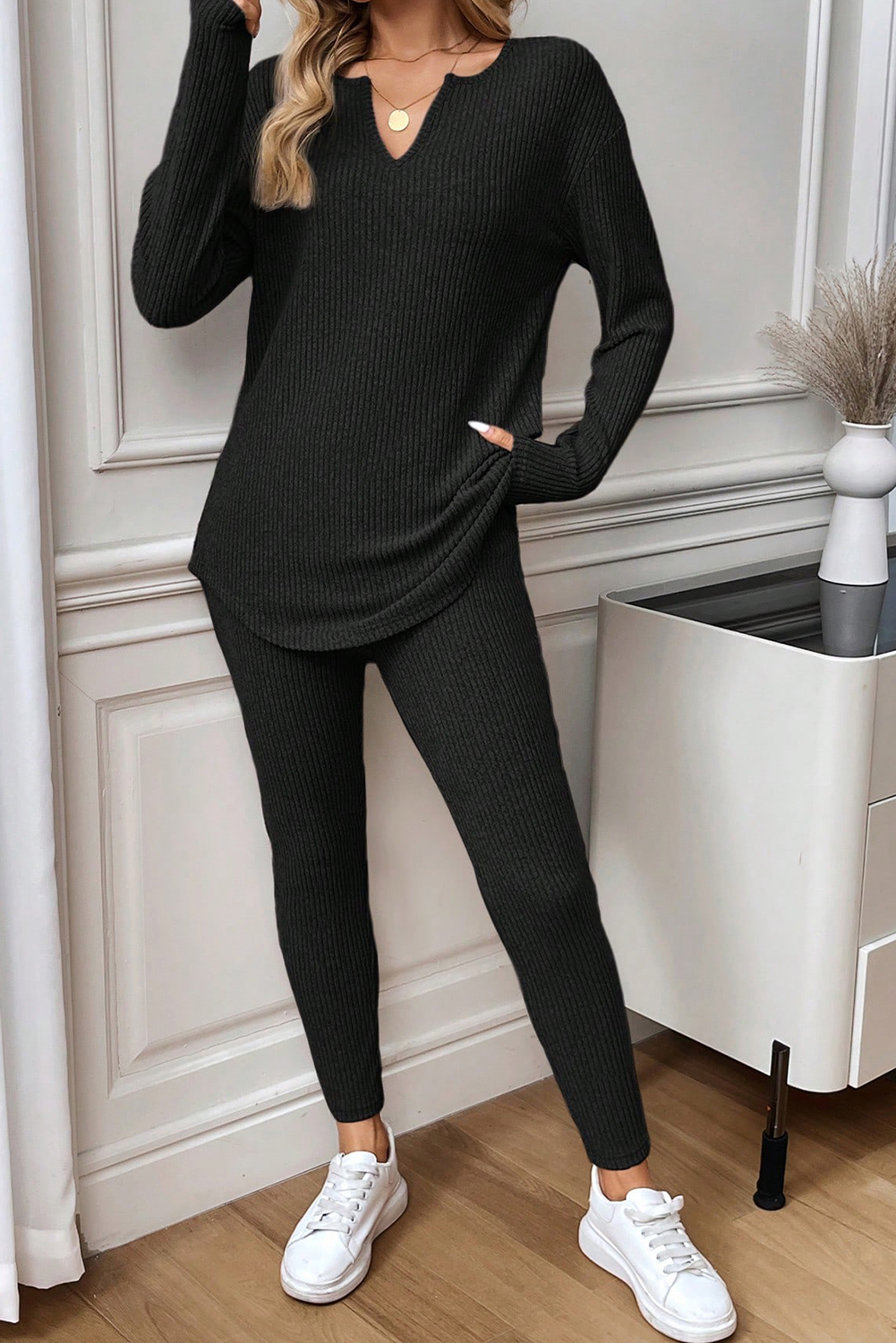 Black Ribbed Notched Neck Knit Long Sleeve Leggings Two Pieces Lounge Set - loveforevers