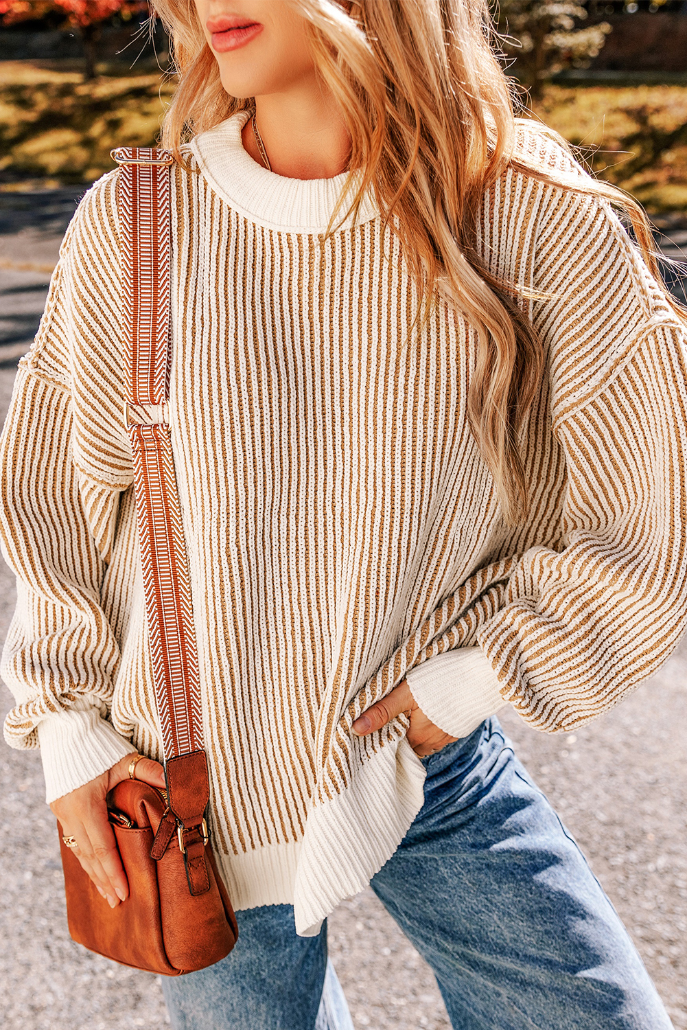 Bright Pink Striped Textured Knit Contrast Edge Loose Sweater - loveforevers