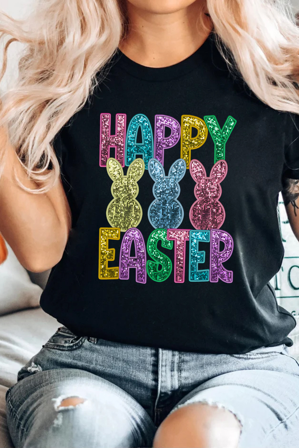 Black Glittering Bunny HAPPY EASTER Graphic T Shirt - loveforevers