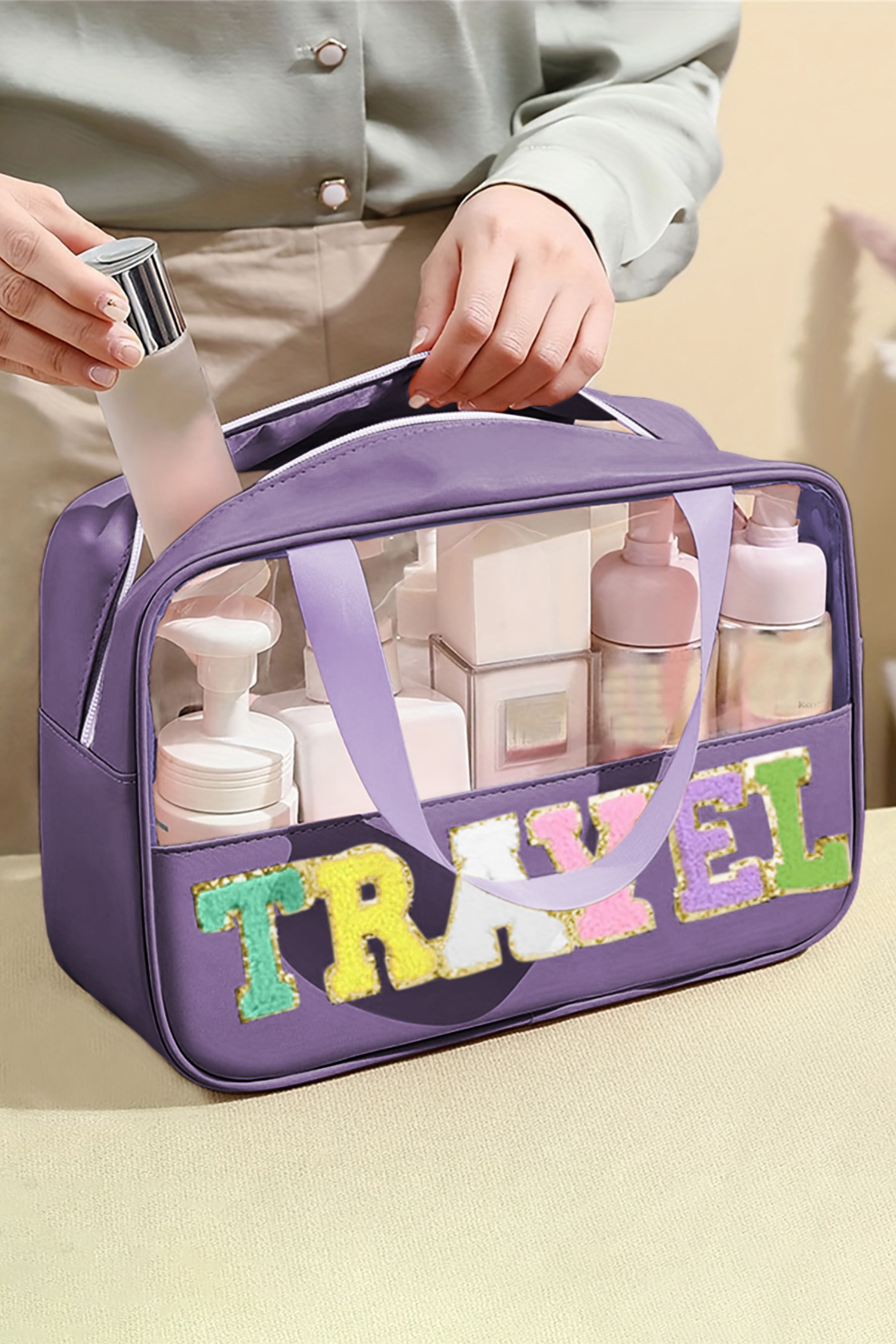 Light Pink TRAVEL Chenille Letter Clear PVC Makeup Bag - loveforevers