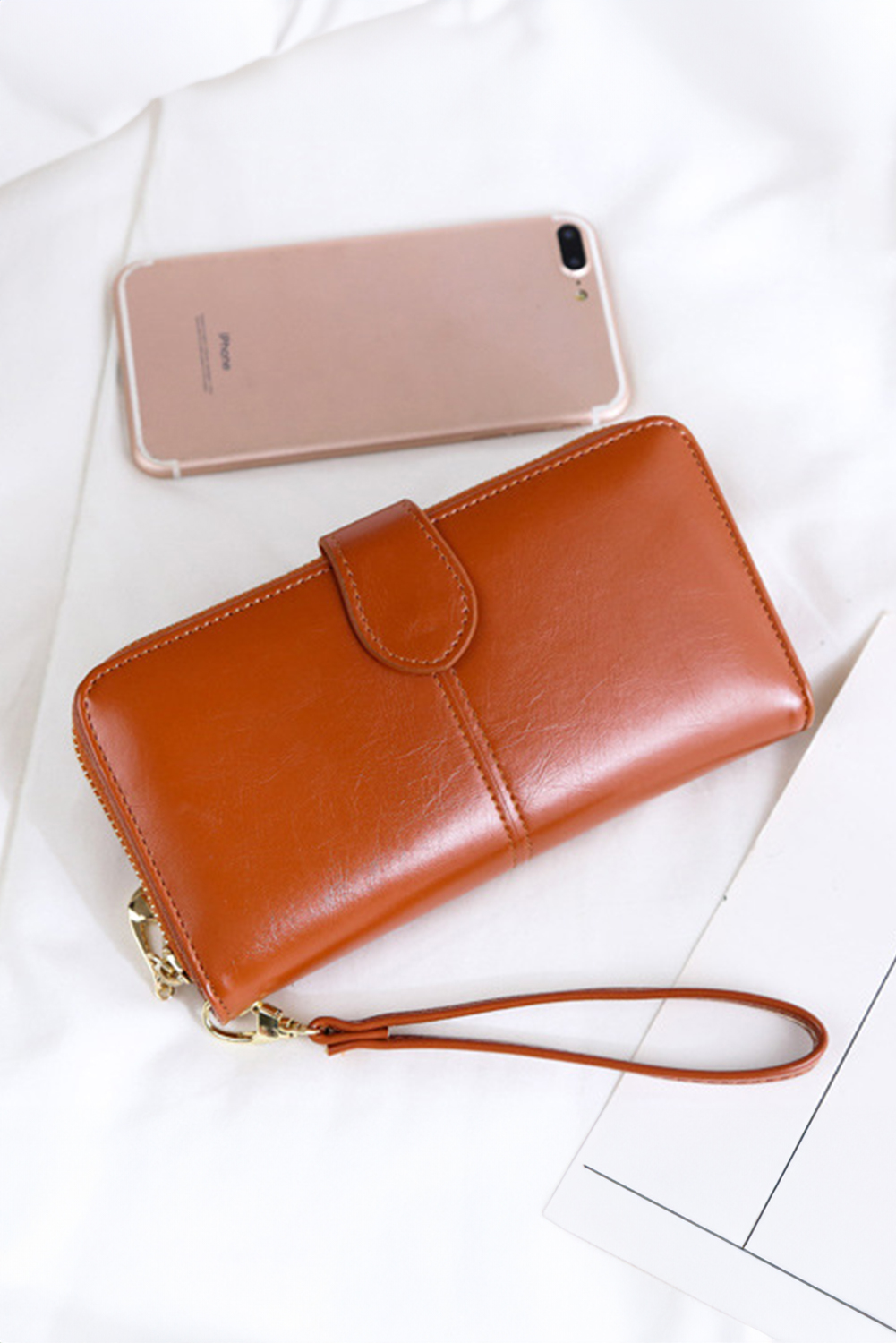 Cinnamon Faux Leather Zip Around Wrist Strap Long Wallet - loveforevers
