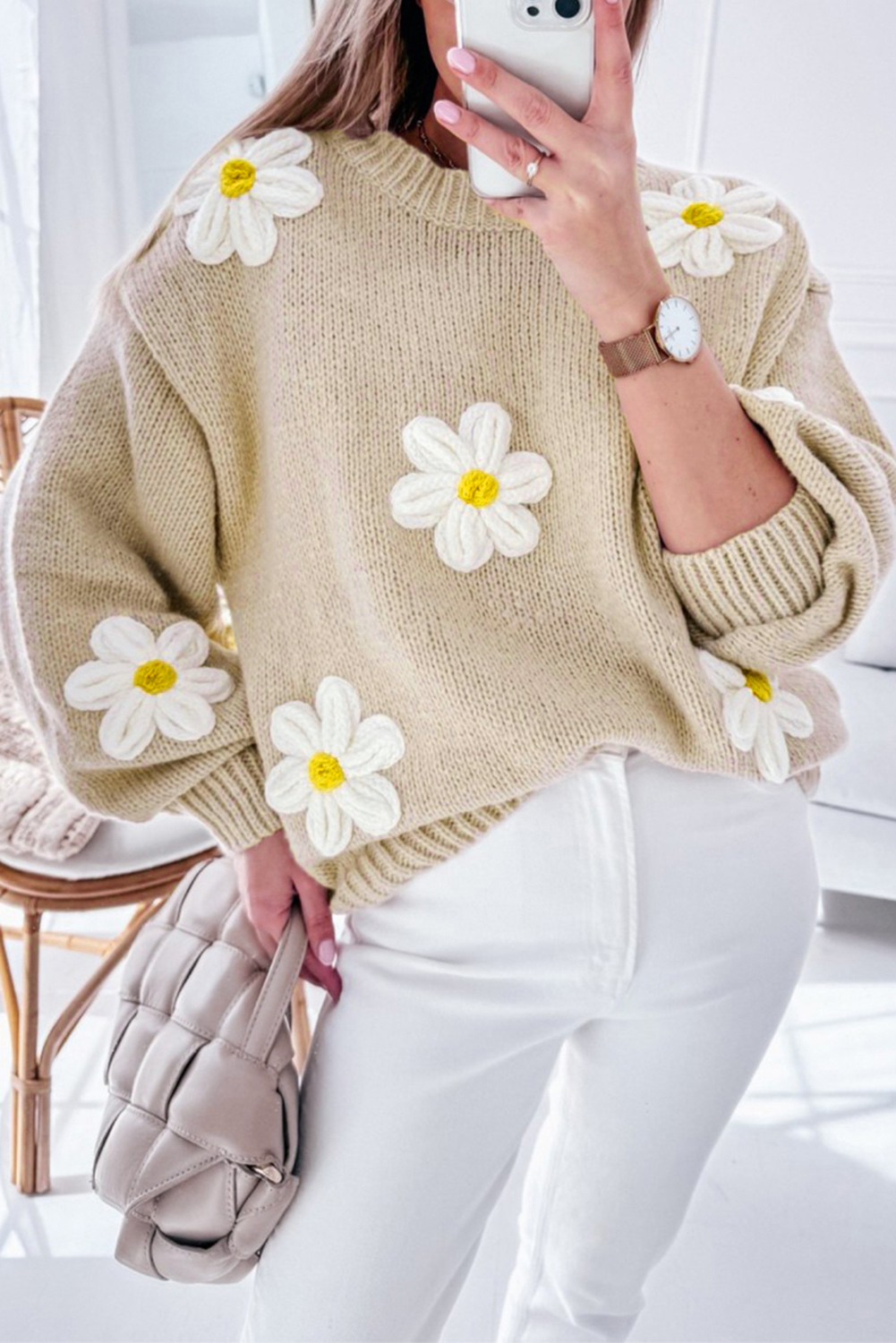 Parchment Floral Crochet Chunky Knit Sweater - loveforevers