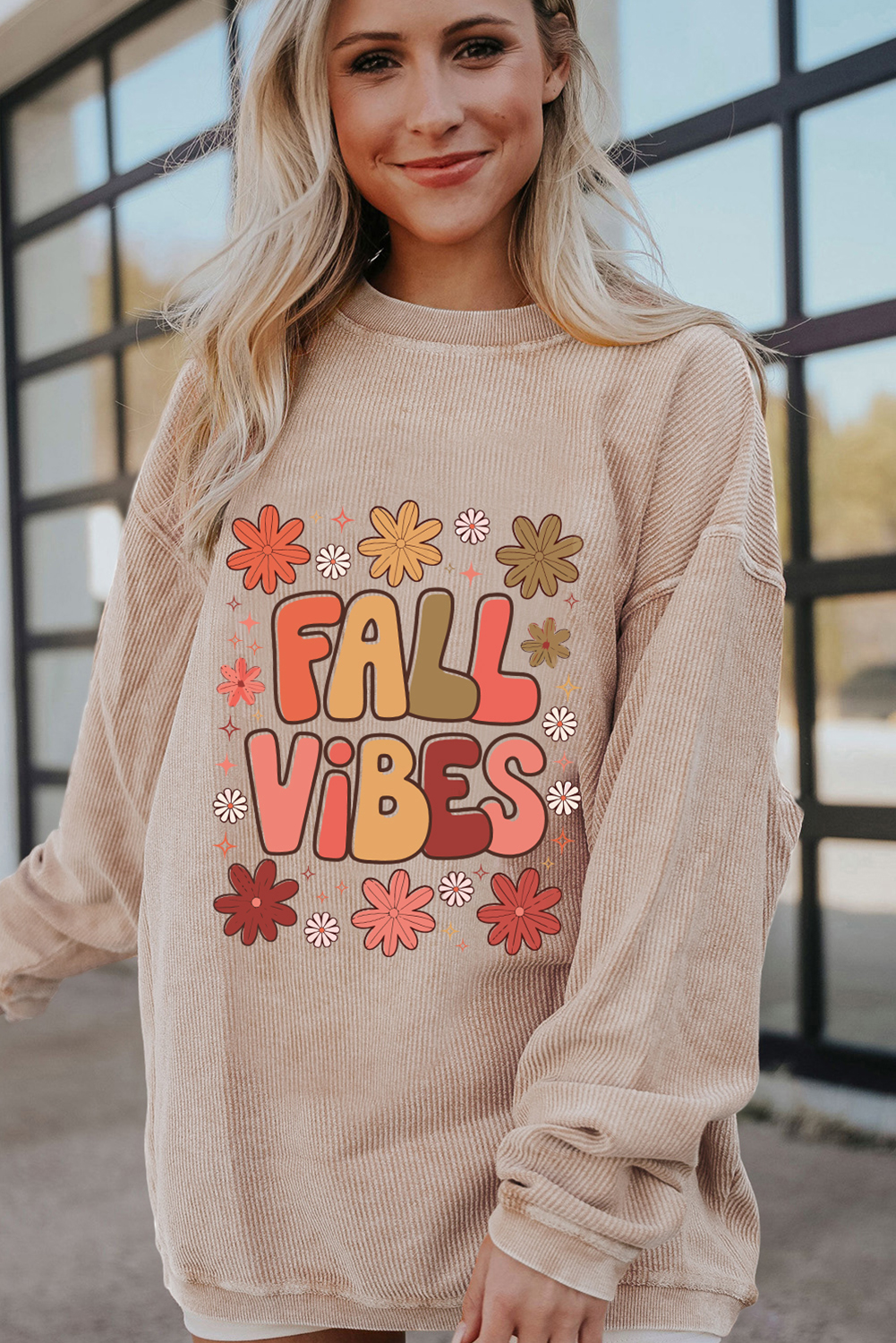 Apricot Twisted Rib FALL VIBE Graphic Baggy Sweatshirt - loveforevers