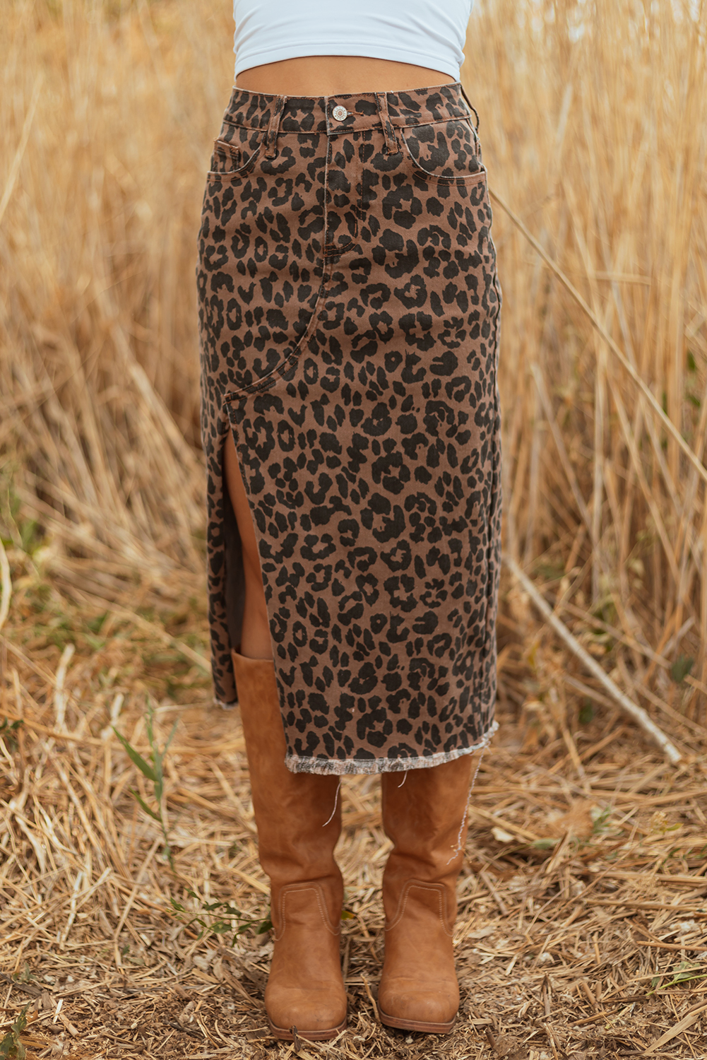 Brown Leopard Denim Frayed Split Denim Midi Skirt - loveforevers