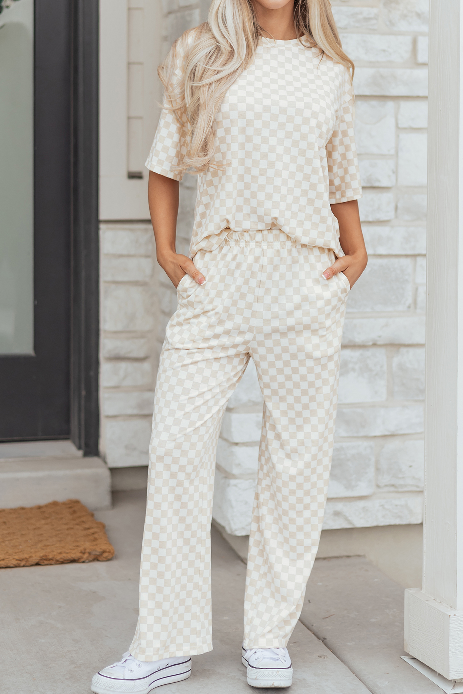 Khaki Checkered Print Half Sleeve Tee 2pcs Lounge Pant Set - loveforevers