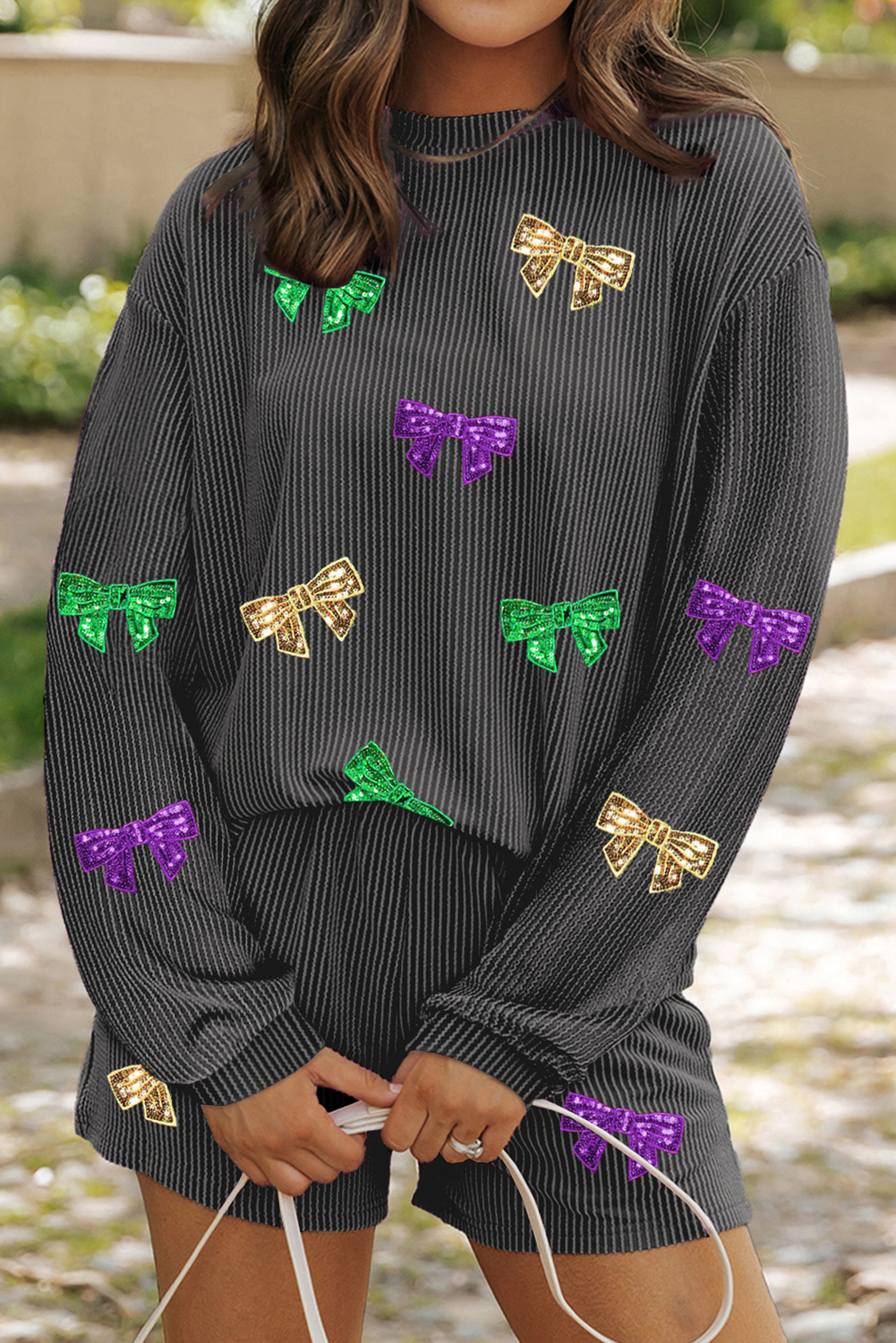 Carbon Grey Bowknot Patched Pattern Corded Long Sleeve Top and Shorts Outfit - loveforevers