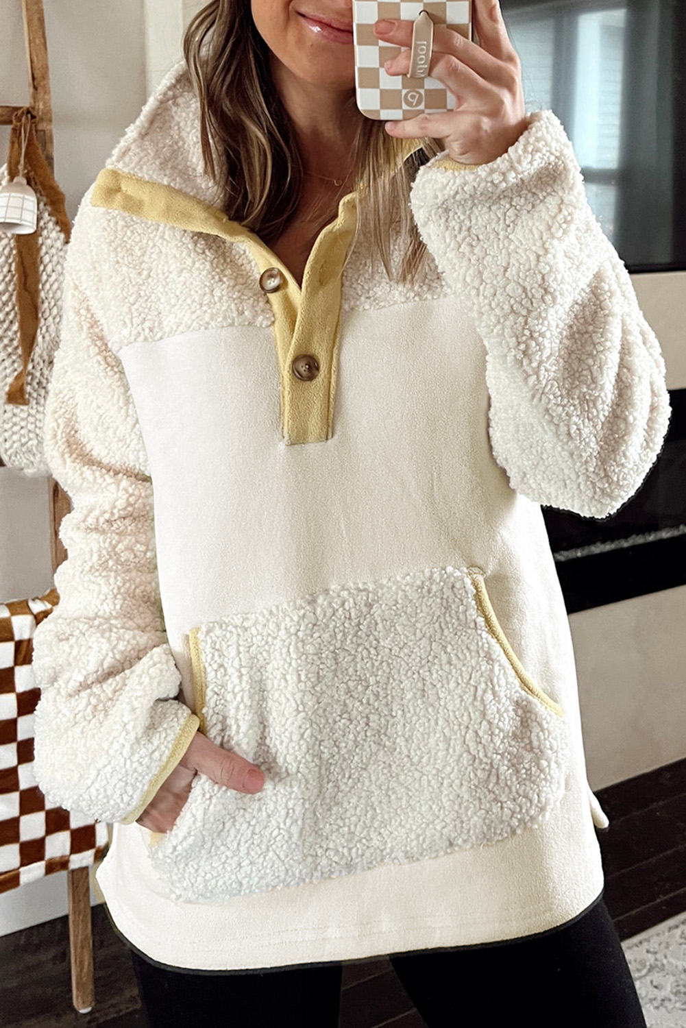 Beige Fleece Colorblock Trim Buttons Collar Sweatshirt with Pocket - loveforevers