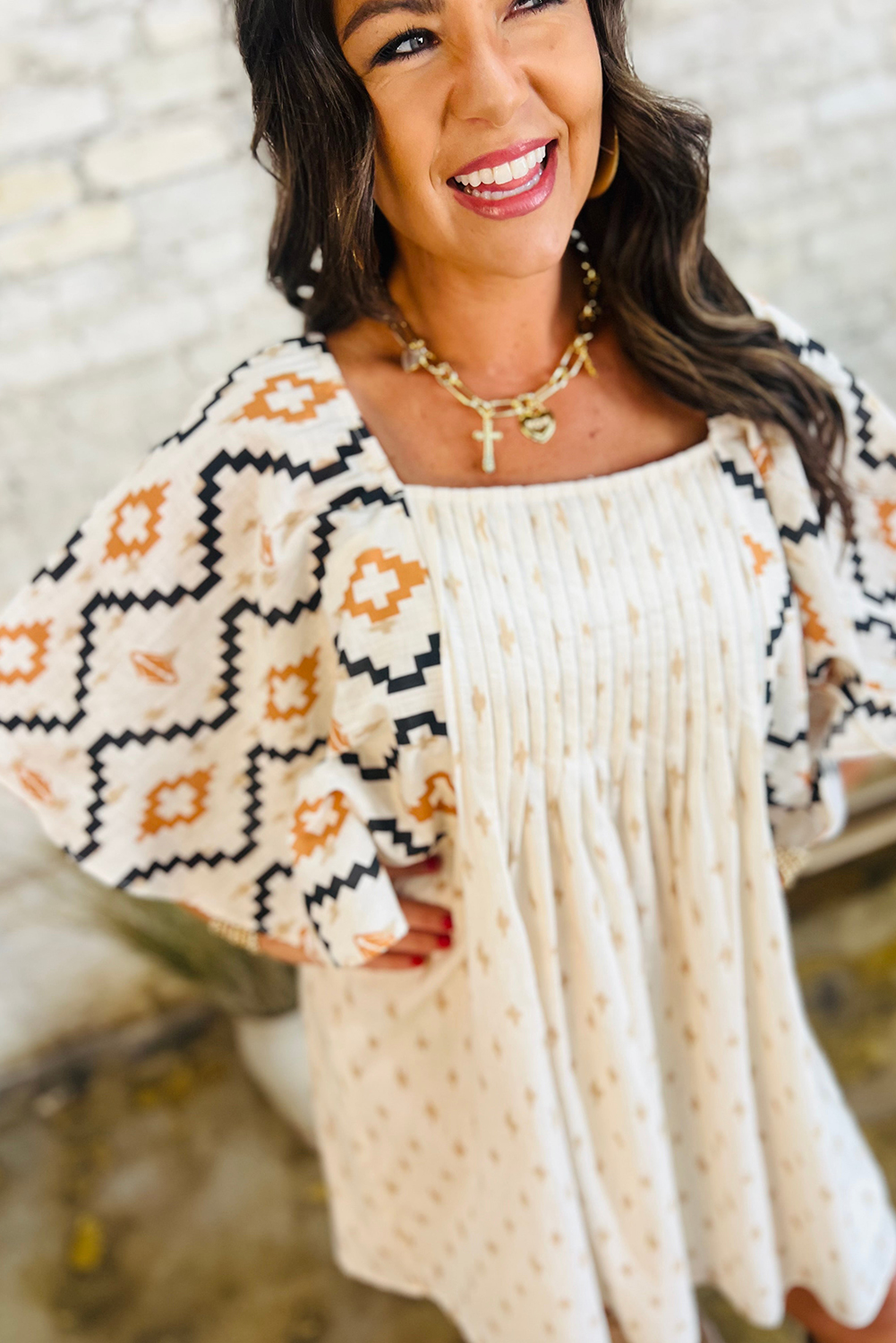 Beige Western Aztec Print Pleated Square Neck Loose Mini Dress - loveforevers