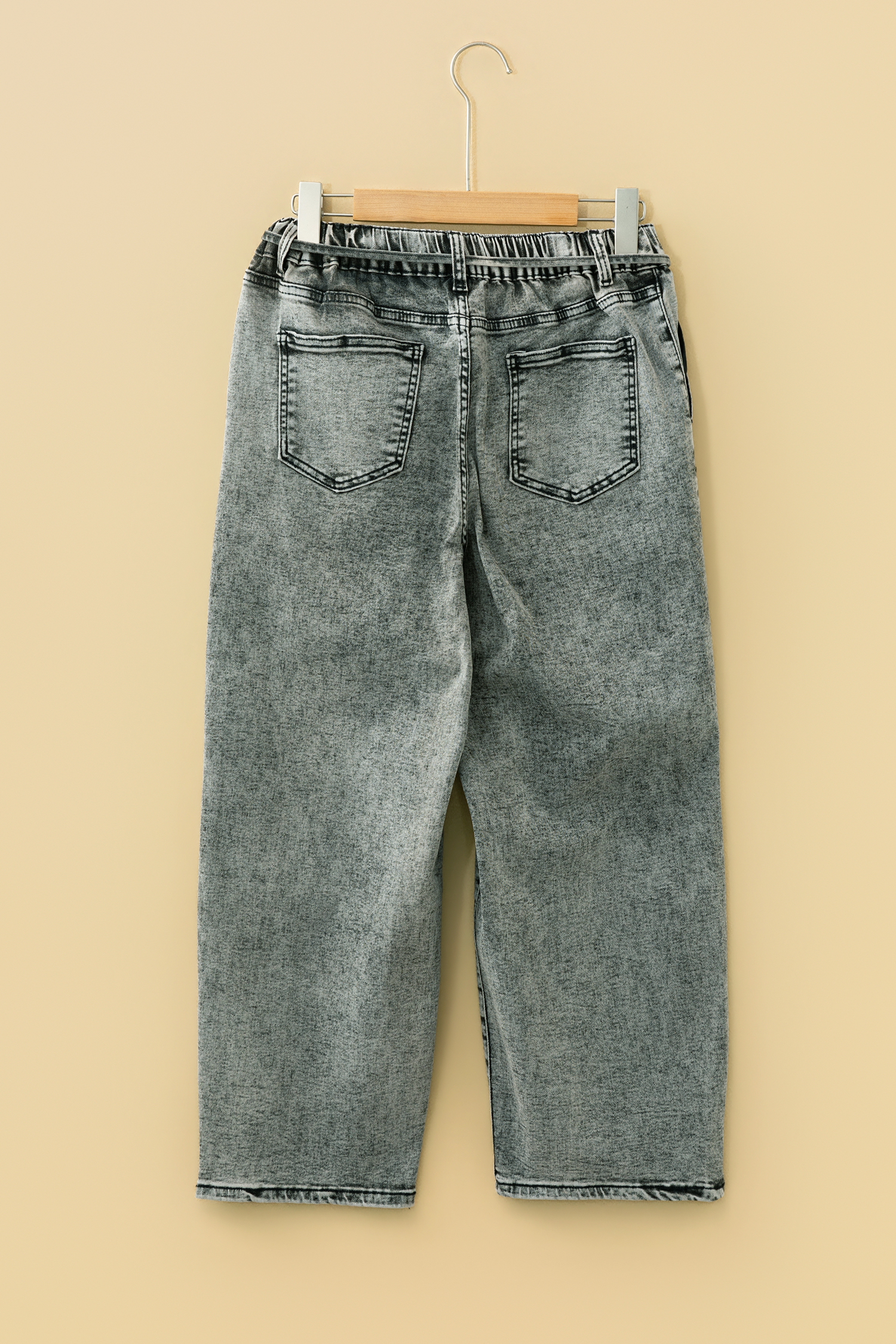 Smoke Gray Acid Wash Barrel Fit Denim Pants with Waist String - loveforevers