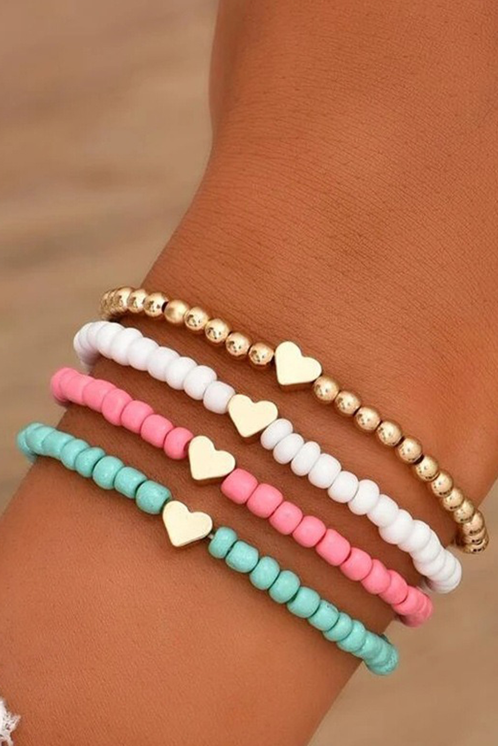 Pink Heart Beaded Multi Layered Bracelet Set - loveforevers