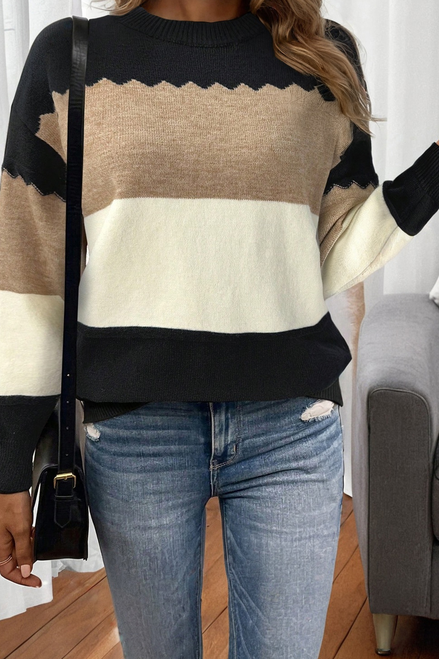 Black Colorblock Crew Neck Drop Shoulder Sweater - loveforevers