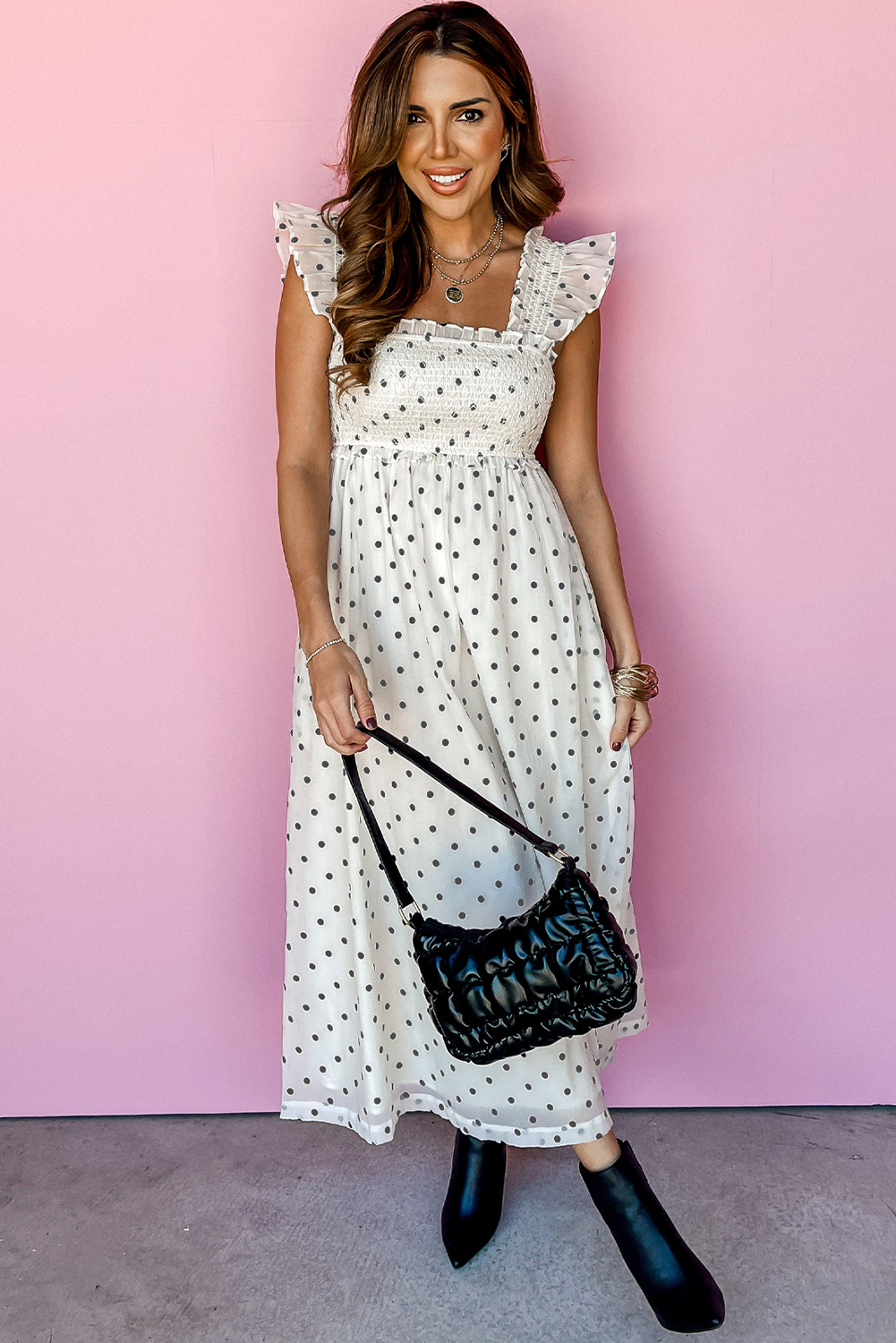 White Polka Dot Flutter Sleeve Square Neck Smocked Maxi Dress - loveforevers