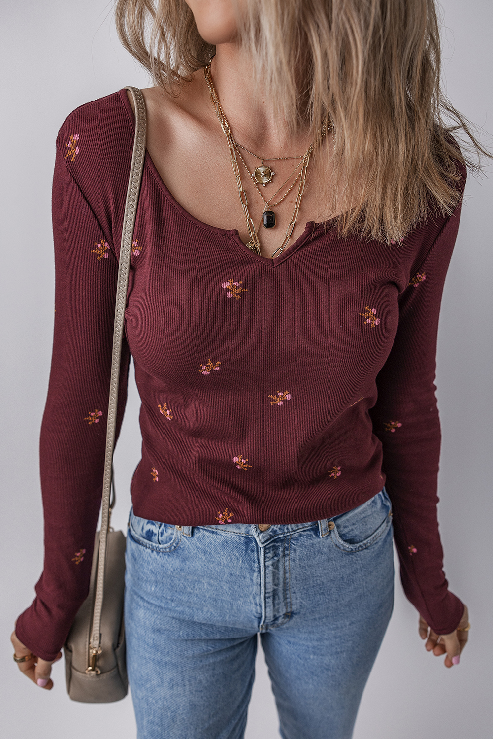 Burgundy Notched Neck Floral Print Ribbed Long Sleeve Top - loveforevers