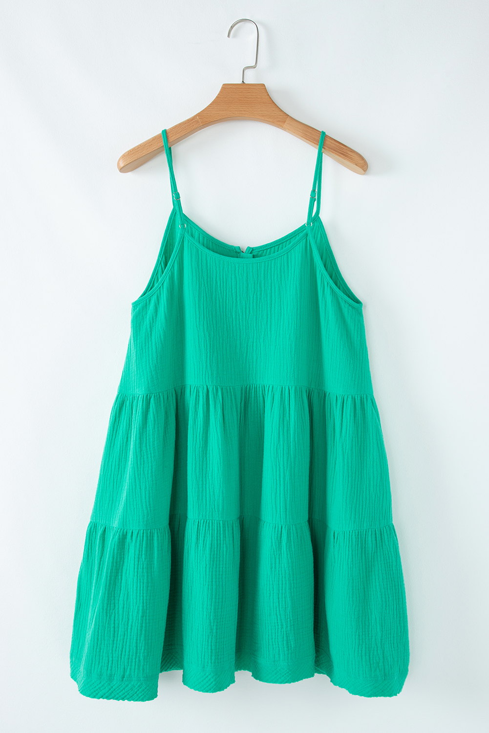 Sea Green Textured Buttoned Thin Strap Tiered Loose Fit Mini Dress - loveforevers