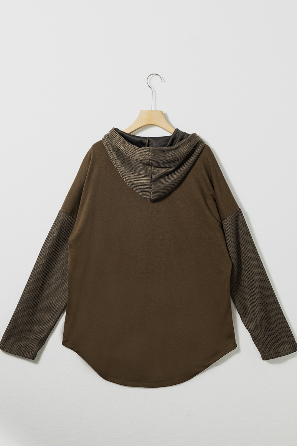 Dark Brown Button Up Contrast Knitted Sleeves Hooded Jacket - loveforevers