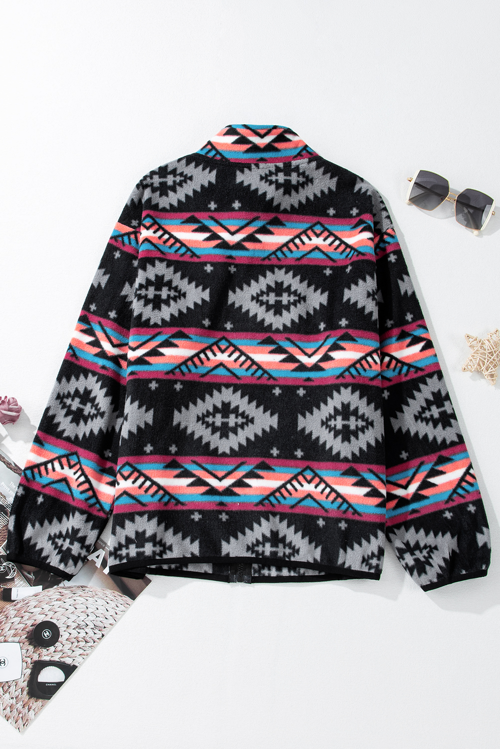 Black Aztec Printed Zip Up Collar Jacket - loveforevers