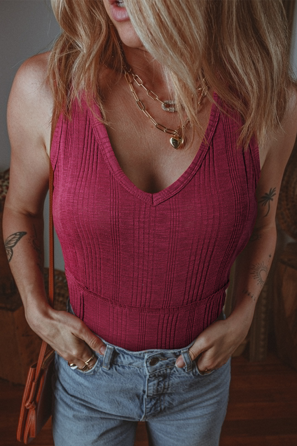 Red Dahlia Ribbed Textured Exposed Stitching Knit Tank Top - loveforevers
