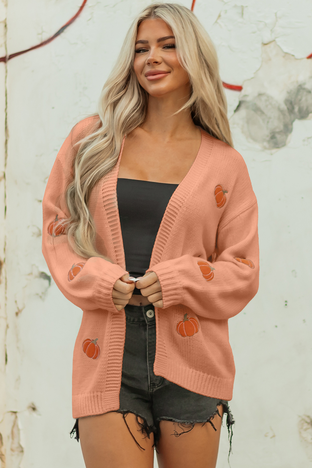 Light Pink Christmas Tree Print Open Front Drop Shoulder Midi Cardigan - loveforevers