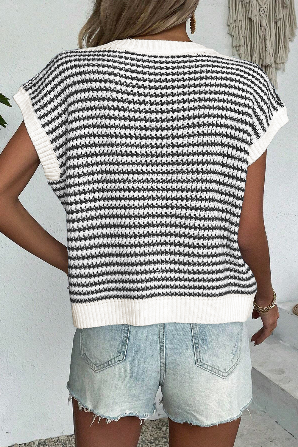 Blue Stripe Ribbed Trim Loose Fit Knitted Sweater Vest - loveforevers