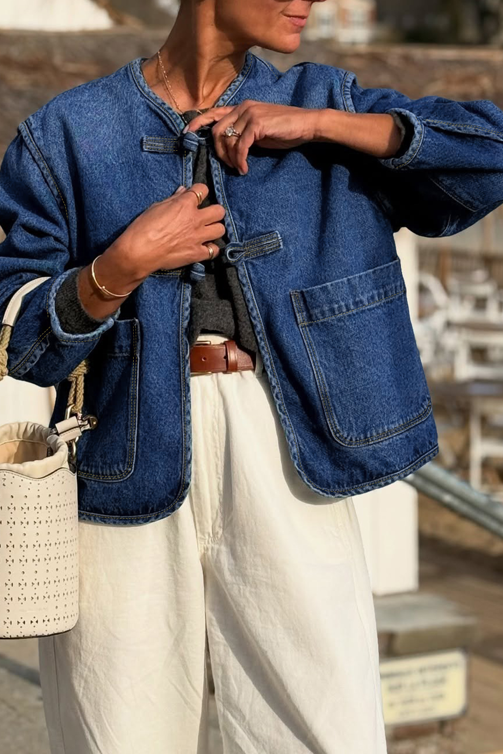 Sail Blue Vintage Fastening Big Patched Pockets Straight Cut Deep Wash Denim Jacket - loveforevers