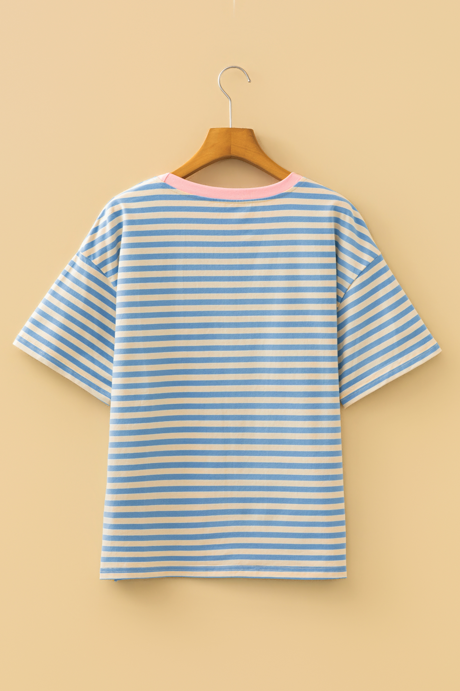 Sky Blue Stripe Contrast Crew Neck Drop Shoulder Loose Tee - loveforevers