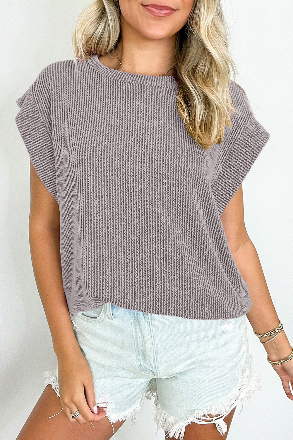 Gray Twisted Rib Wide Sleeve Crew Neck T Shirt - loveforevers