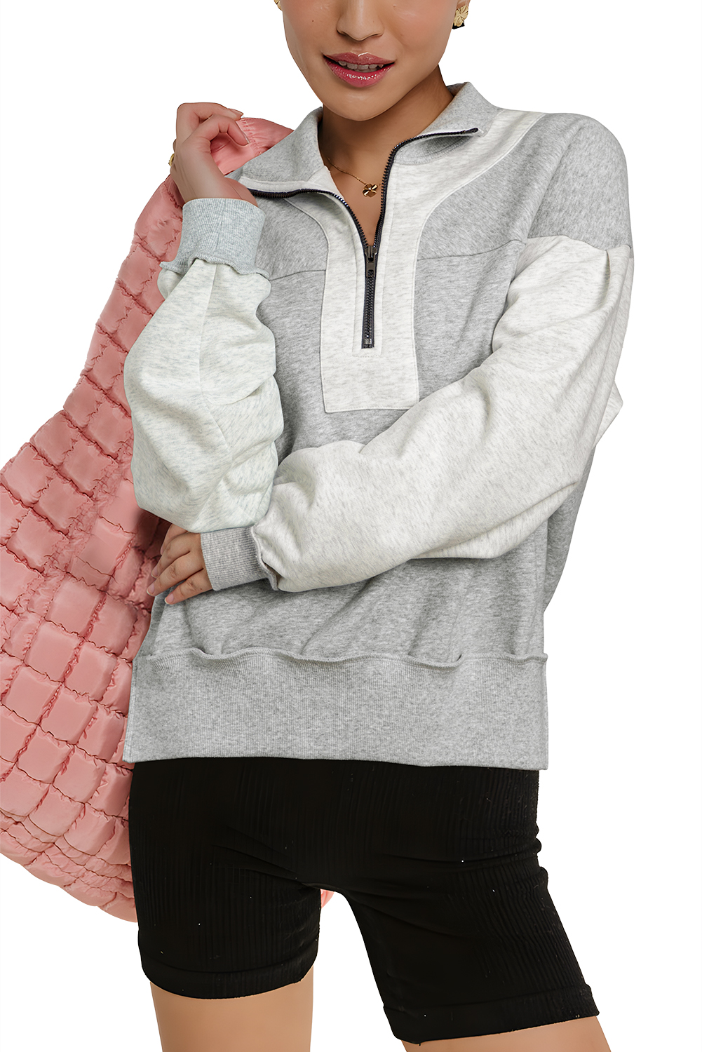 Gray Half Zipper Collared Drop Shoulder Side Slits Sweatshirt - loveforevers
