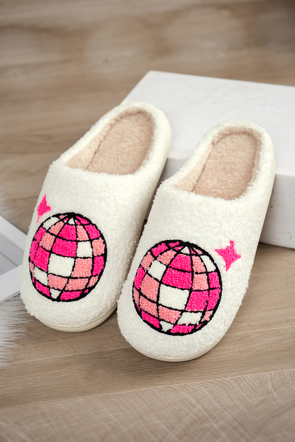 Black Disco Ball Print Fuzzy Winter House Slippers - loveforevers