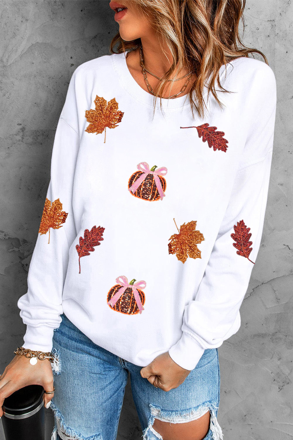White Sequined Pumpkin Leaves Fall Vibe Graphic T Shirt - loveforevers