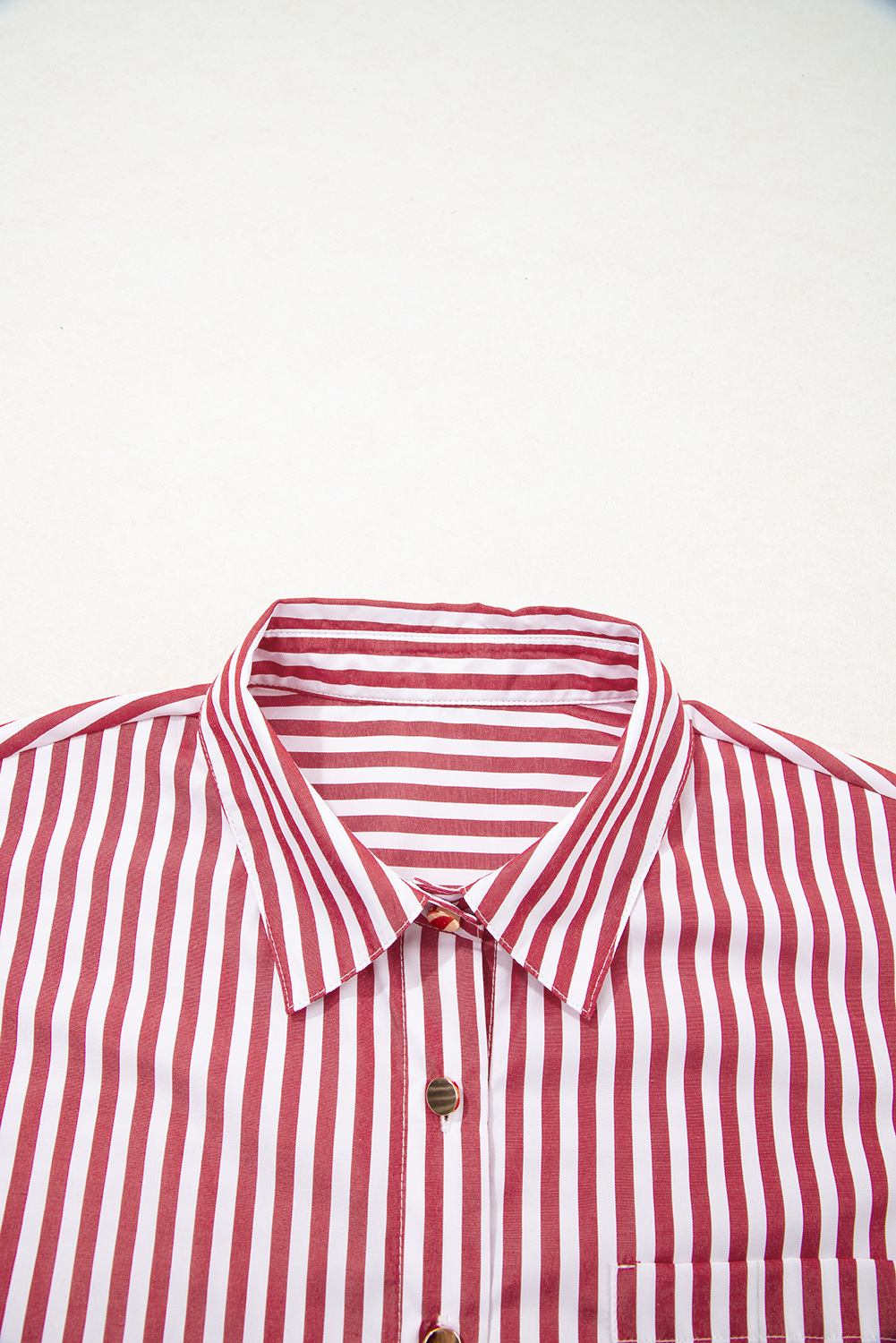 Red Stripe Patched Pocket Side Slit Loose Shirt - loveforevers