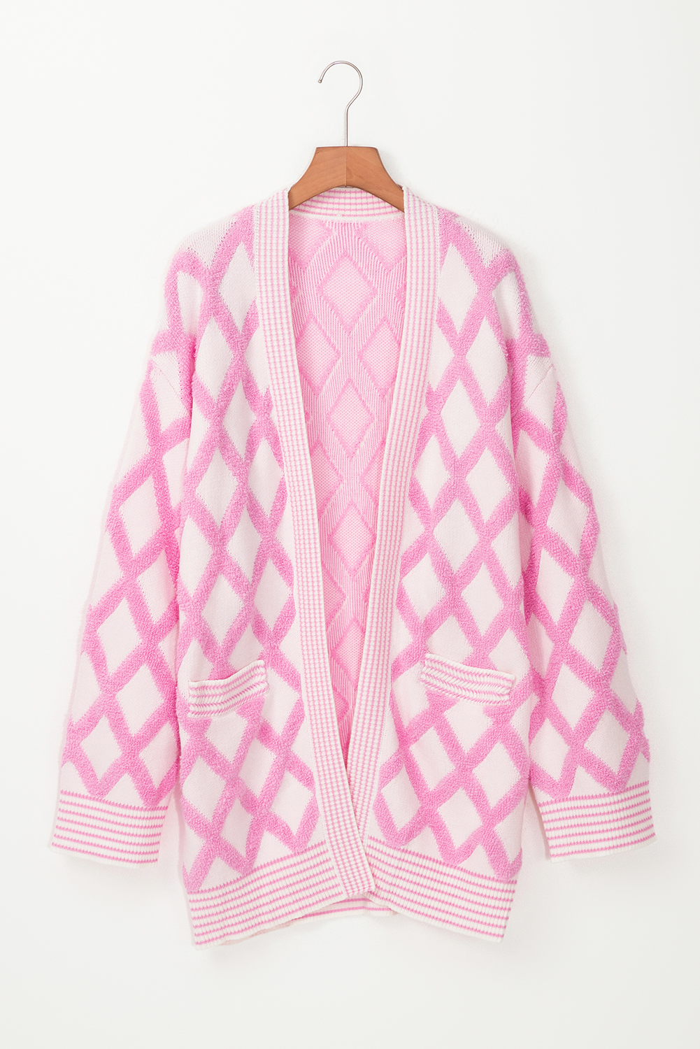 Pink Rhombus Pattern Knit Open Front Pocketed Cardigans - loveforevers