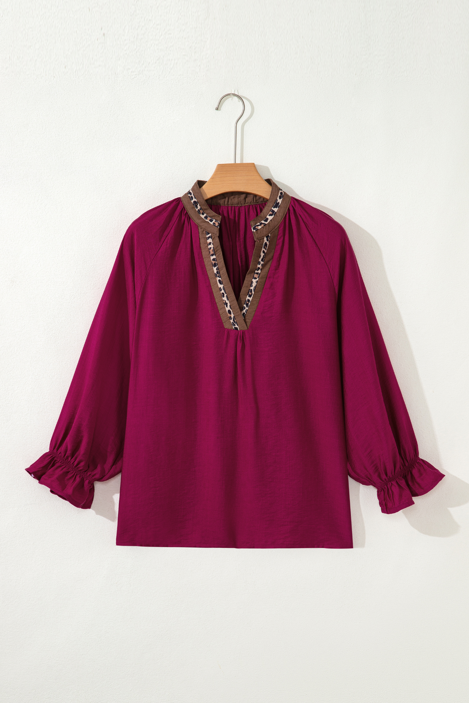 Dirty blue Leopard Trim V Neck Flounced Bracelet Sleeve Blouse - loveforevers