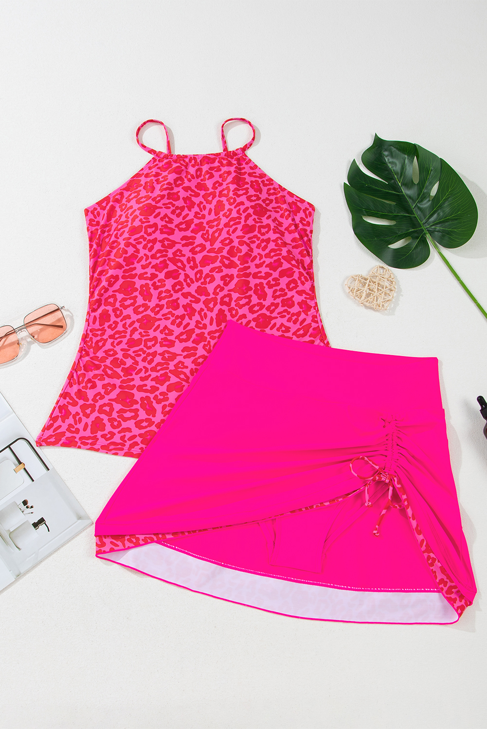Rose Leopard Drawstring Side Tankini 2pcs Swimsuit - loveforevers