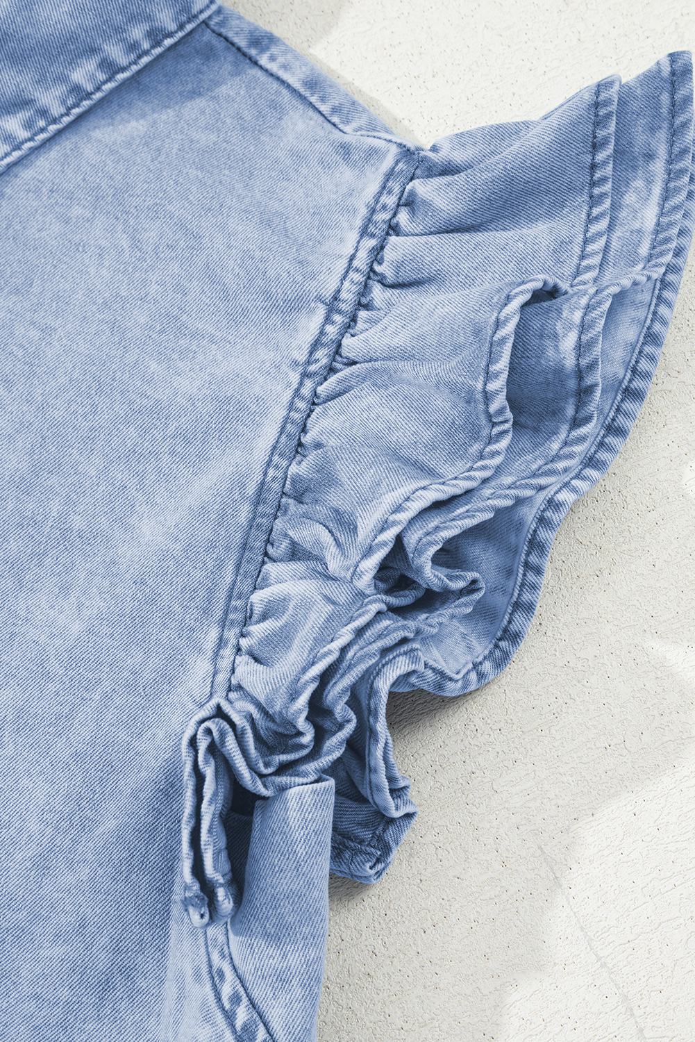 Beau Blue Double Ruffled Sleeves Buttoned A-line Collared Mini Denim Dress - loveforevers