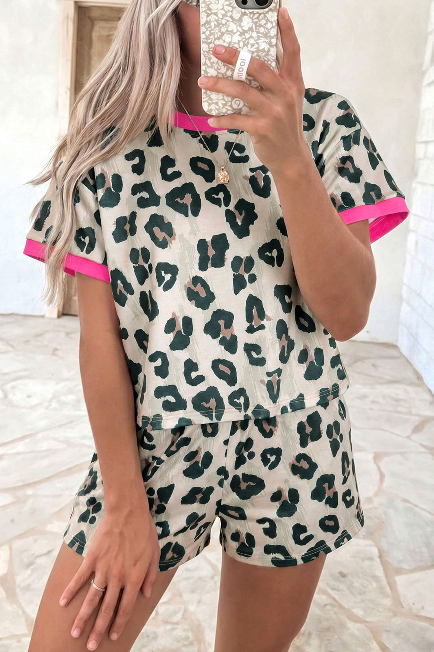 Brown Unique Leopard Print Contrast Trim Top Loose 2pcs Short Set - loveforevers