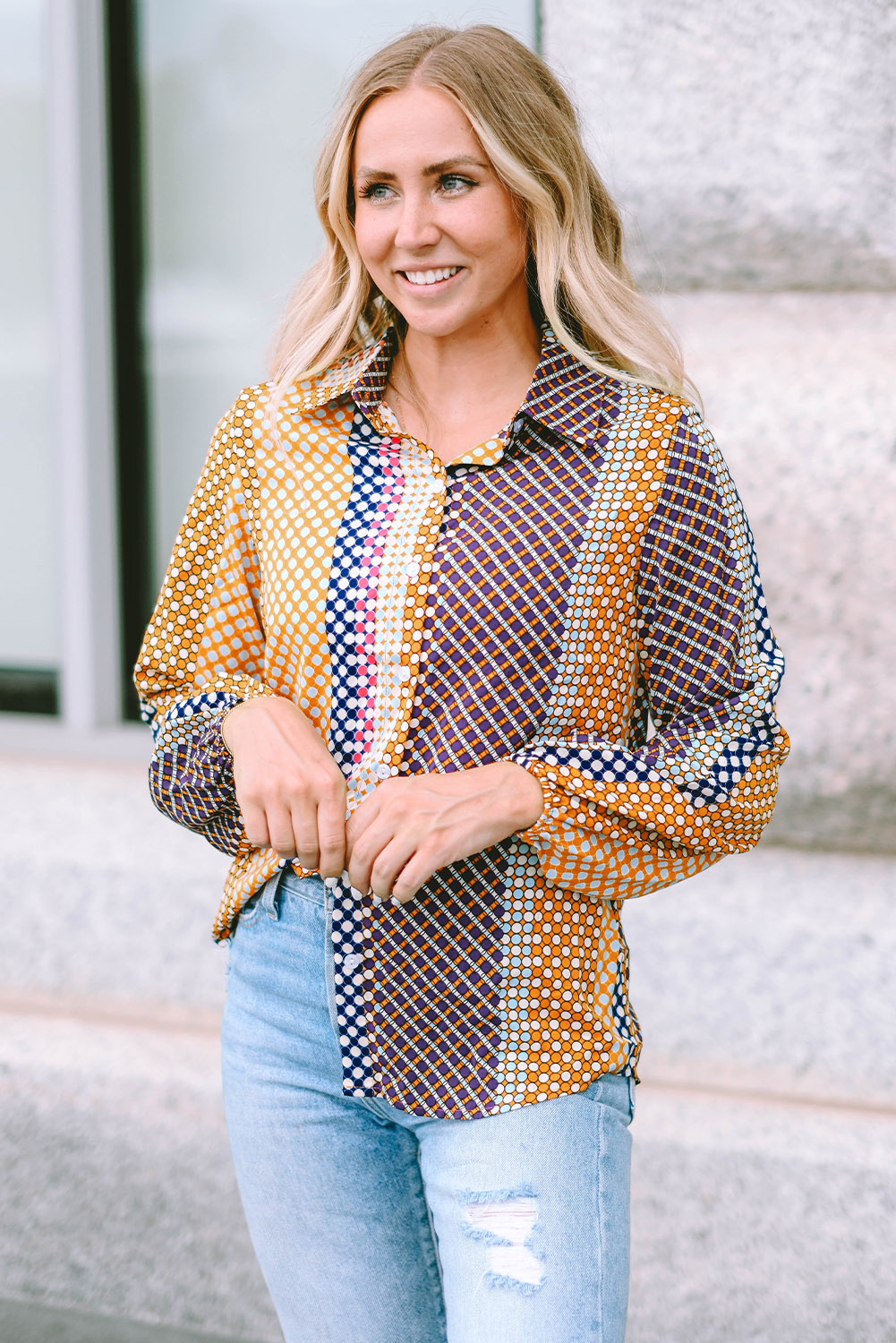 Brown Dot Print Long Sleeve Button Down Shift Shirt - loveforevers