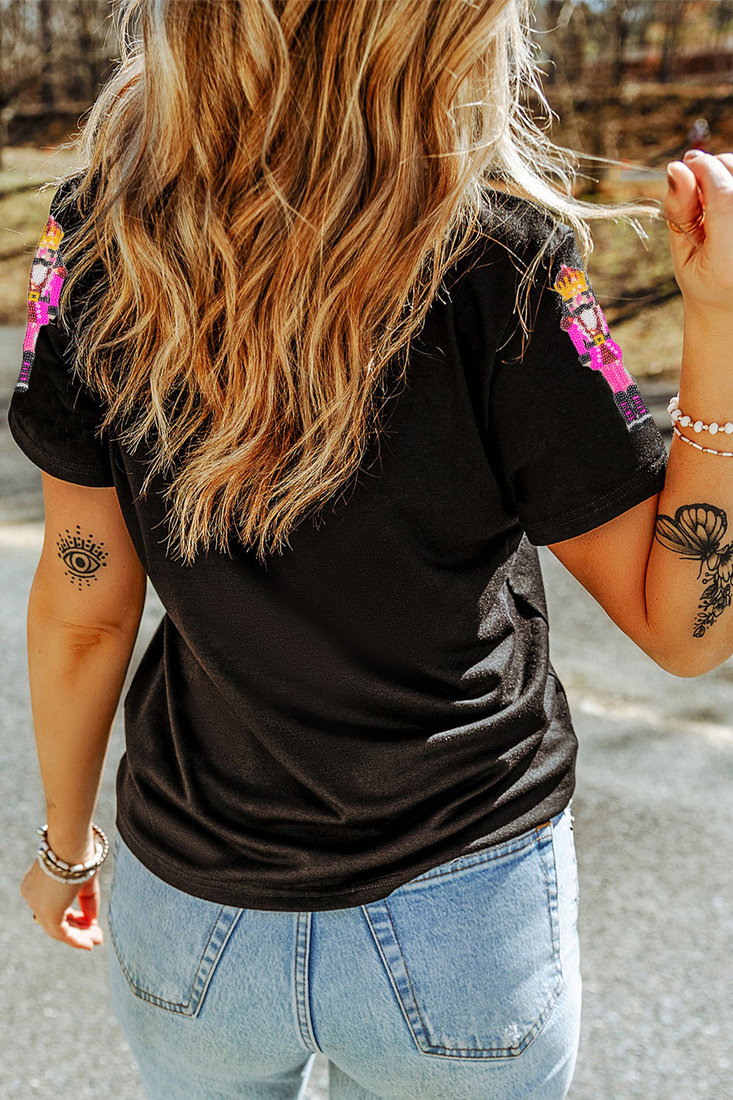 Black Sequin Patched Christmas Nutcracker Casual T Shirt - loveforevers