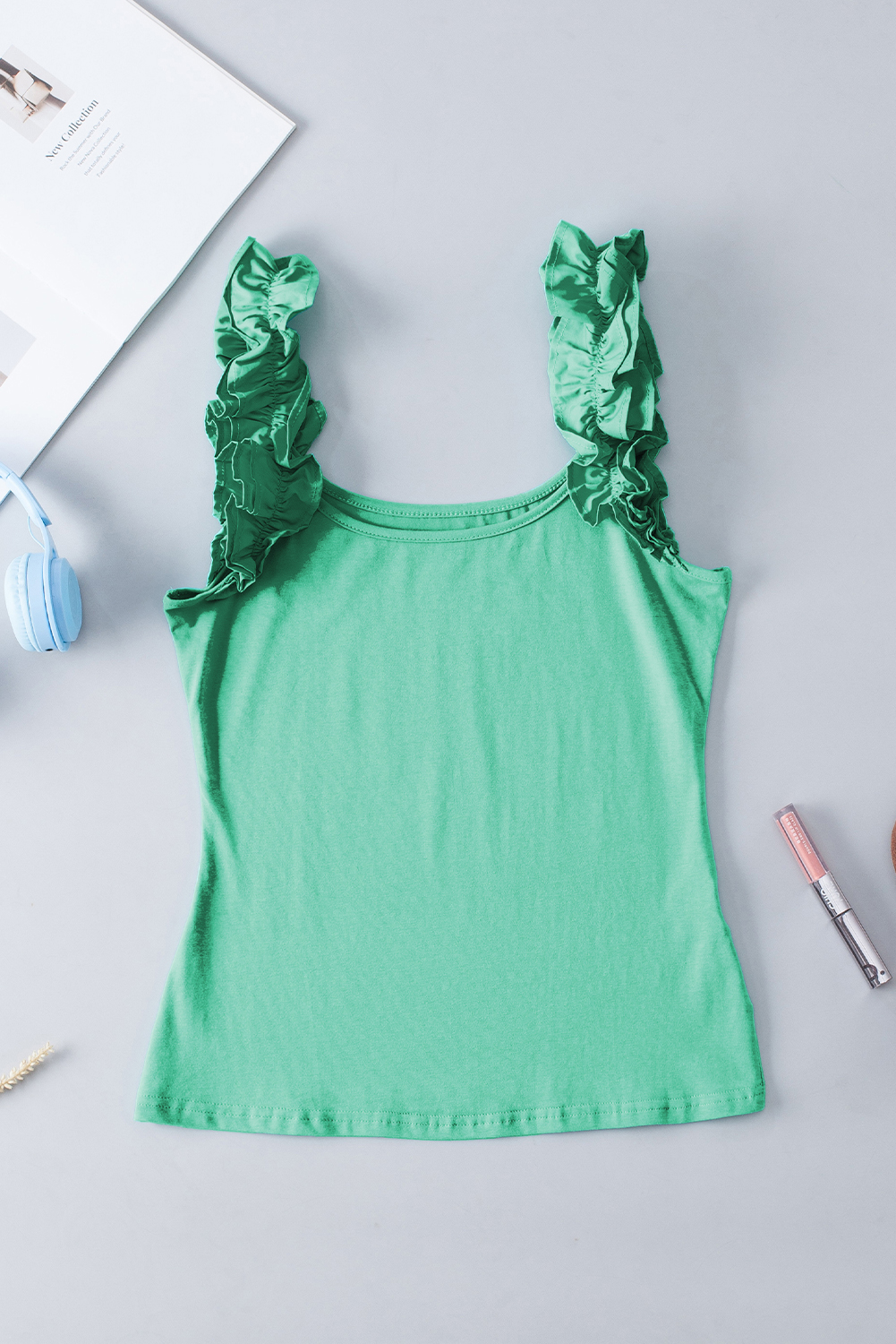 Mint Green Ruffled Wide Straps Slim Tank Top - loveforevers