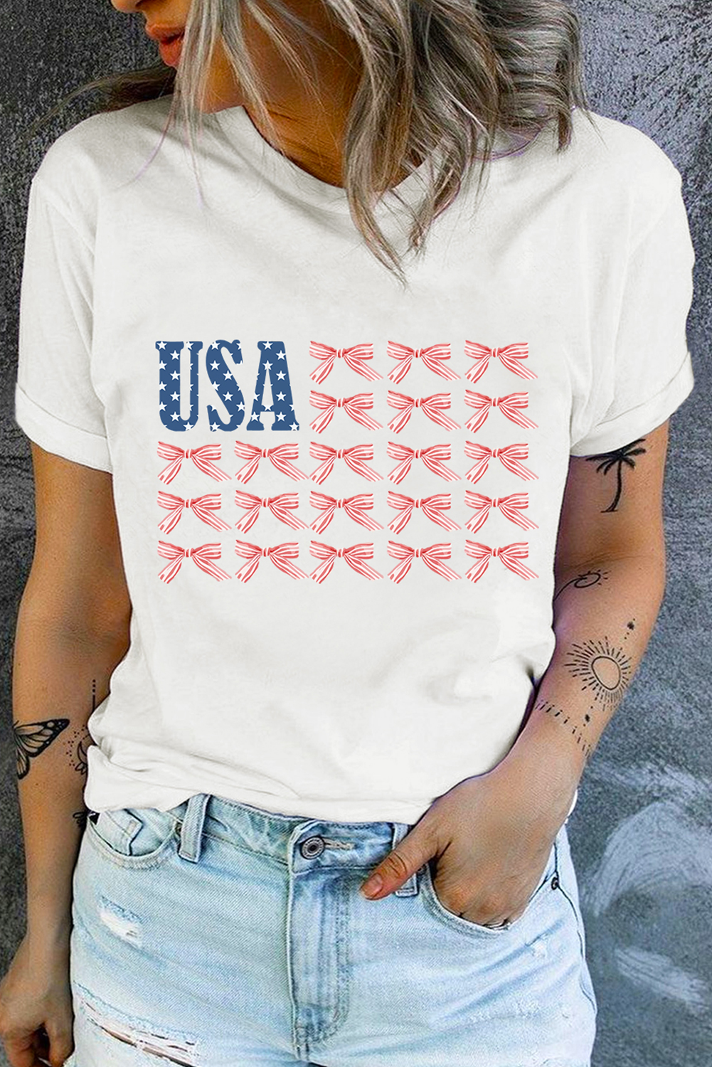 White USA Flag Bow Knot Print Round Neck T Shirt - loveforevers