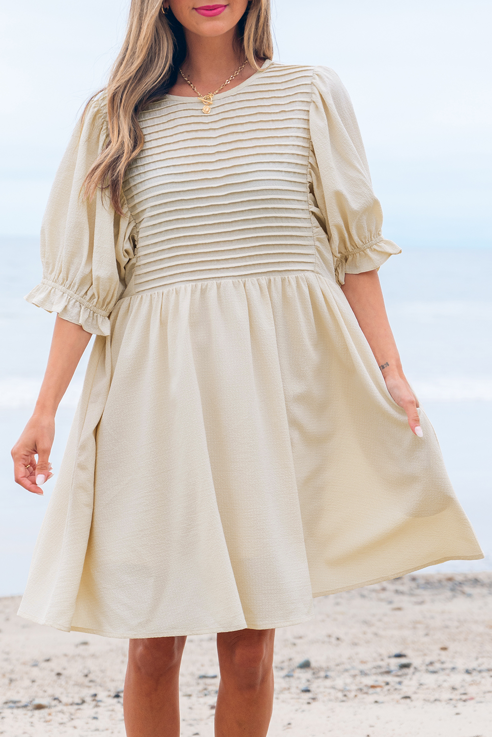 White Textured Ruffled Puff Sleeve Loose Dress - loveforevers
