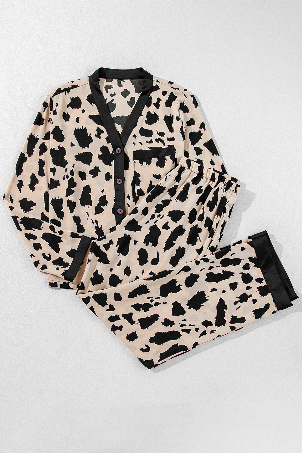 Khaki Cheetah Contrast Trim Loose Fit Two Piece Sleepwear - loveforevers