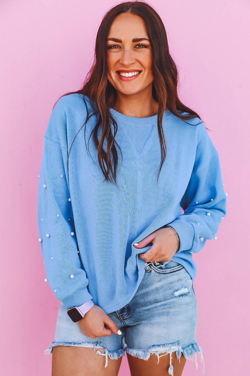 Myosotis Pearled Sleeves Drop Shoulder Round Neck Pullover Sweatshirt - loveforevers