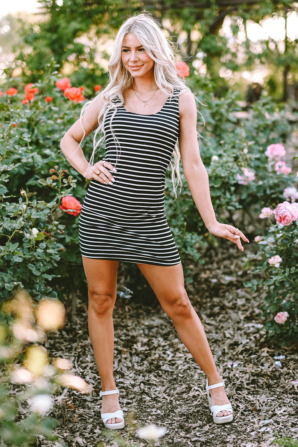 Black Stripe Ribbed Knit Sleeveless Mini Dress - loveforevers