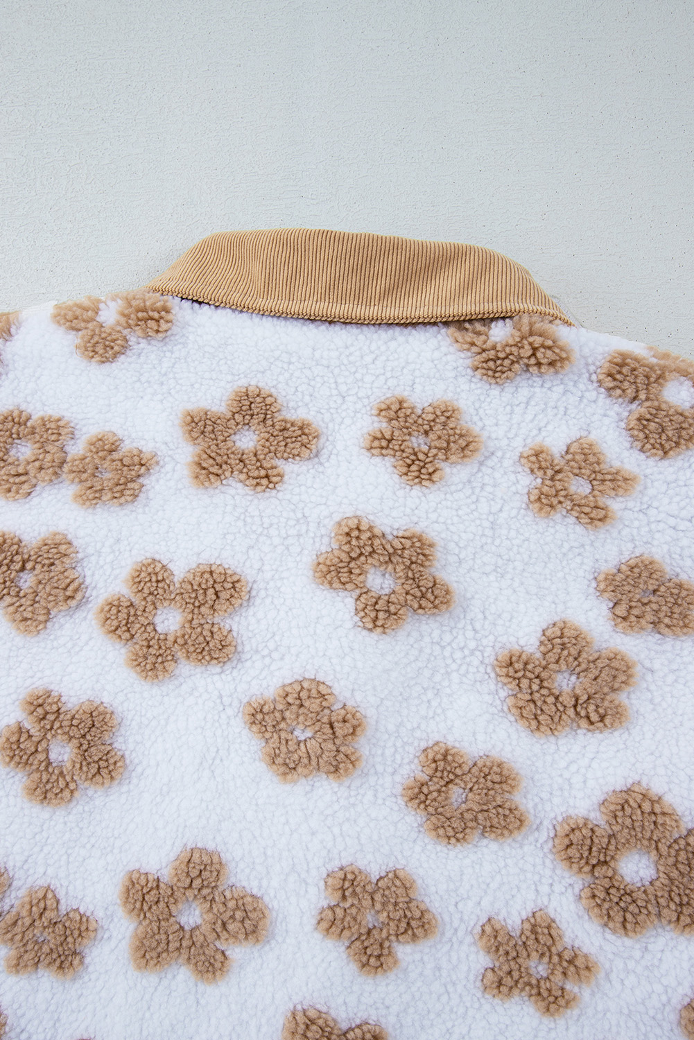 Light French Beige Cute Flower Pattern Button Up Fleece Jacket - loveforevers