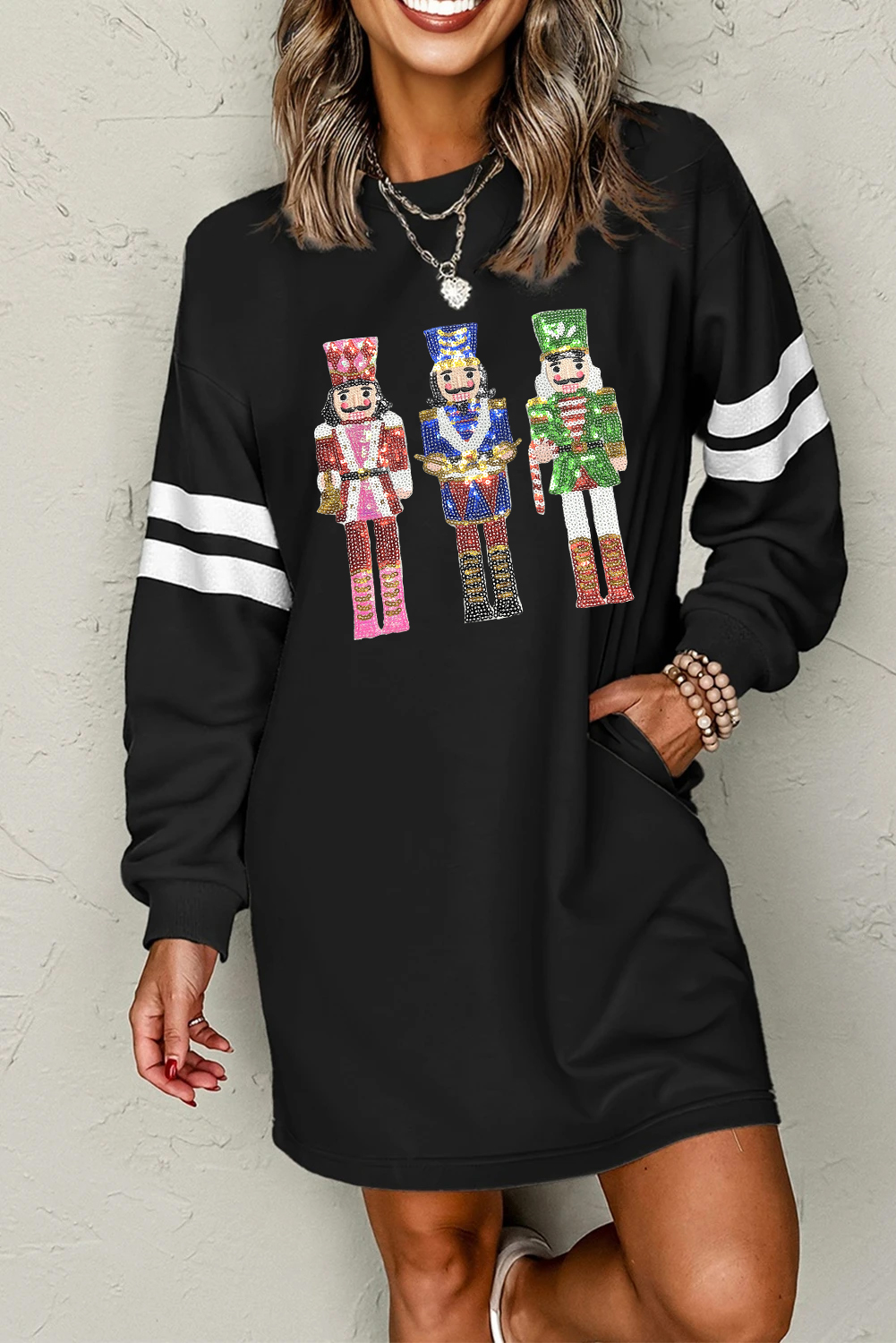Black Christmas Sequin Nutcracker-man Graphic Varsity Striped Sleeve Sweatshirt Dress - loveforevers