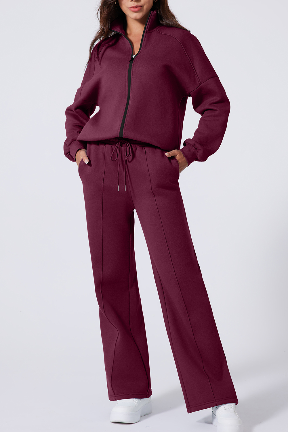 Navy Blue Drop Shoulder Zip Up Jacket Drawstring Pants Active 2pcs Set - loveforevers