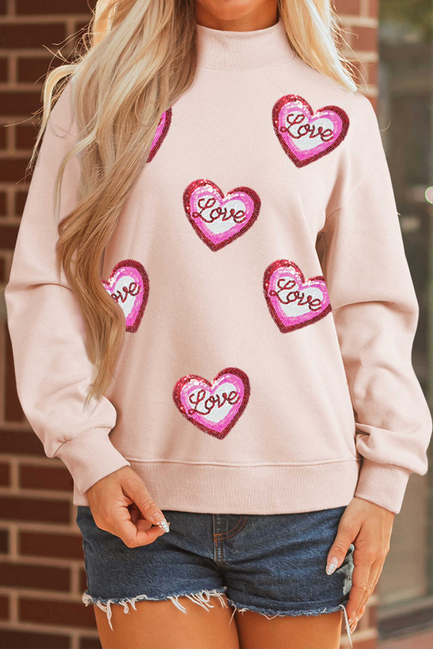 Apricot Pink Sequin Love Heart Patched Mock Neck Sweatshirt - loveforevers