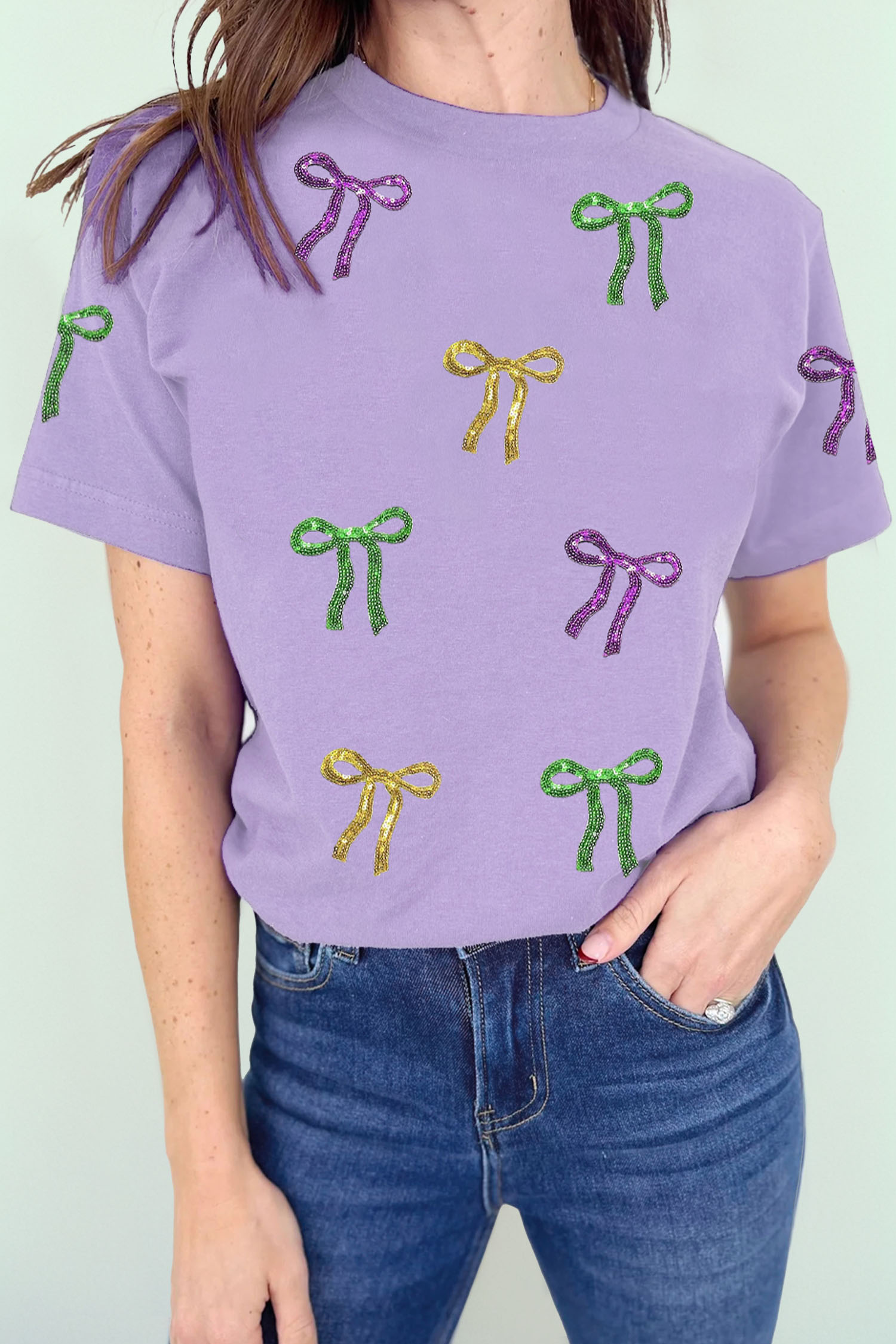 Wisteria Mardi Gras Sequin Bow Crew Neck T Shirt - loveforevers
