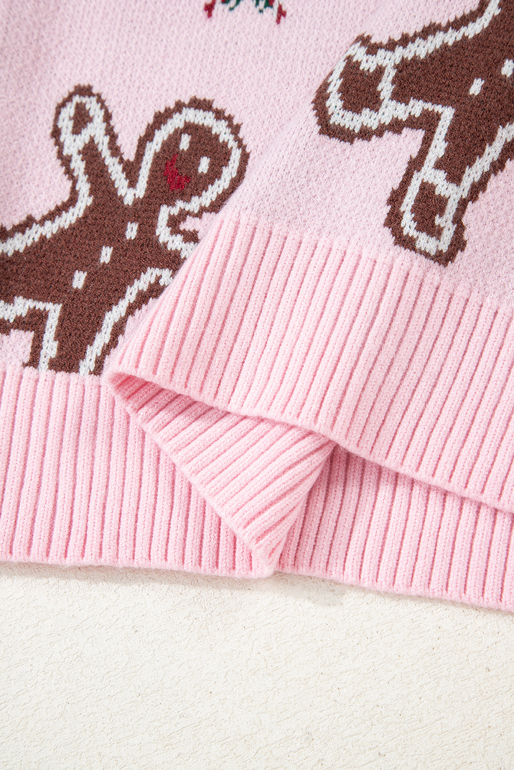 Pink Christmas Ginger Bread Man Print Round Neck Casual Sweater - loveforevers