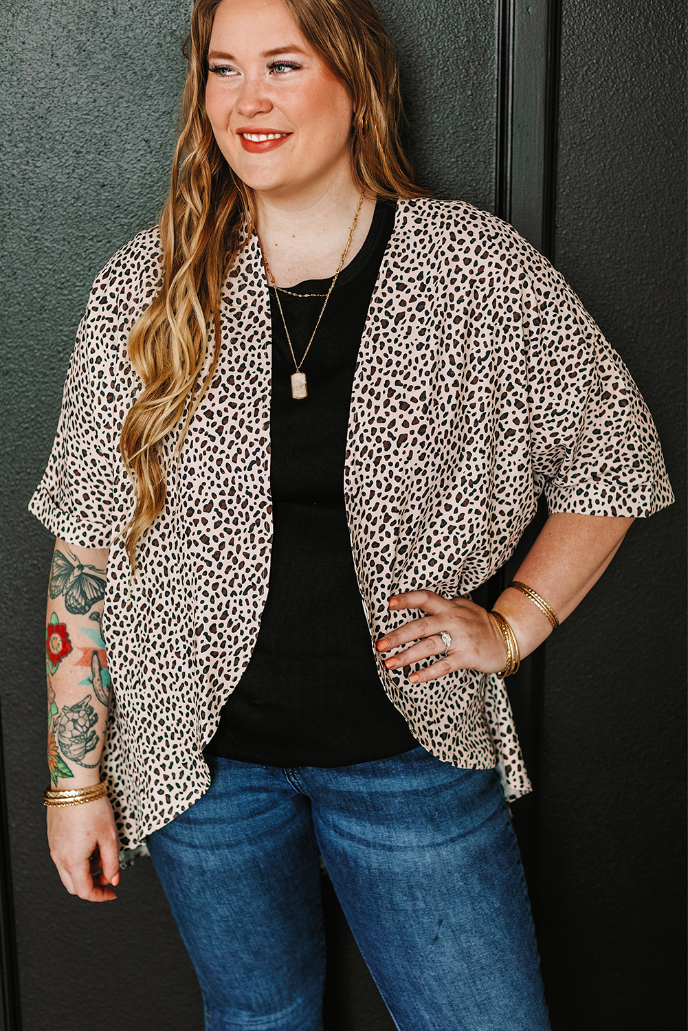 Khaki Plus Size Leopard Print Half Sleeve Open Front Cardigan - loveforevers